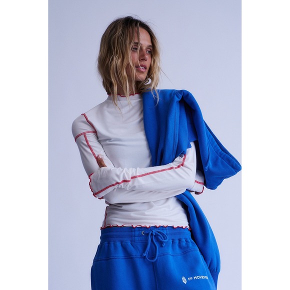 FP Movement Tops - FP Movement Free People White Red Contrast Stitch Mock Neck Long Sleeve Top XL